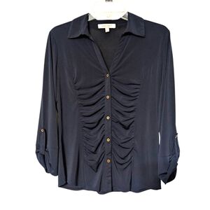 Ellen Tracy Navy Blue V-neckline Gathered Button Front 3/4 Sleeve Blouse Size S